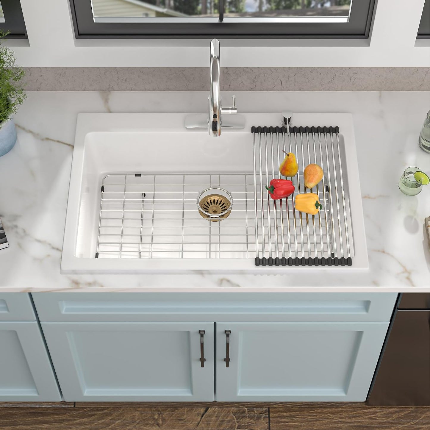 Fregadero cocina granito 33x22pulg cuarzo blanco clásico