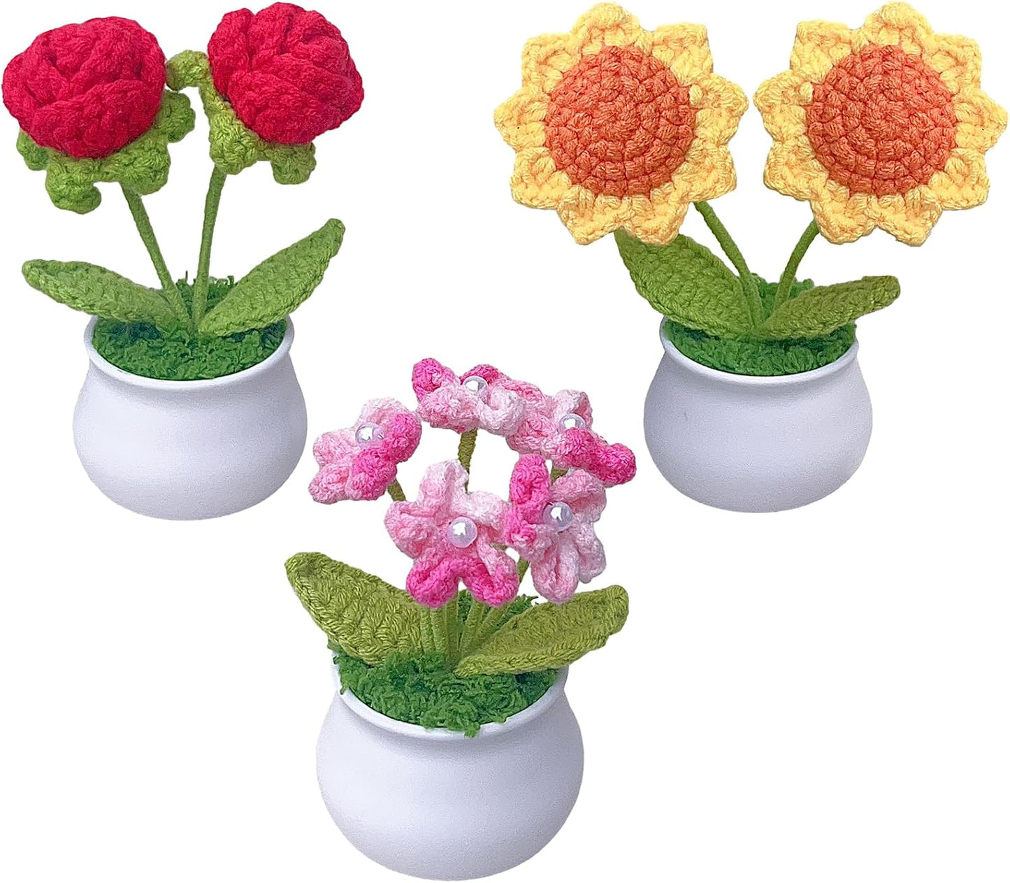 3 Pzas Maceta Ganchillo Girasol Rosa Roja Regalo Mamá San Valentín