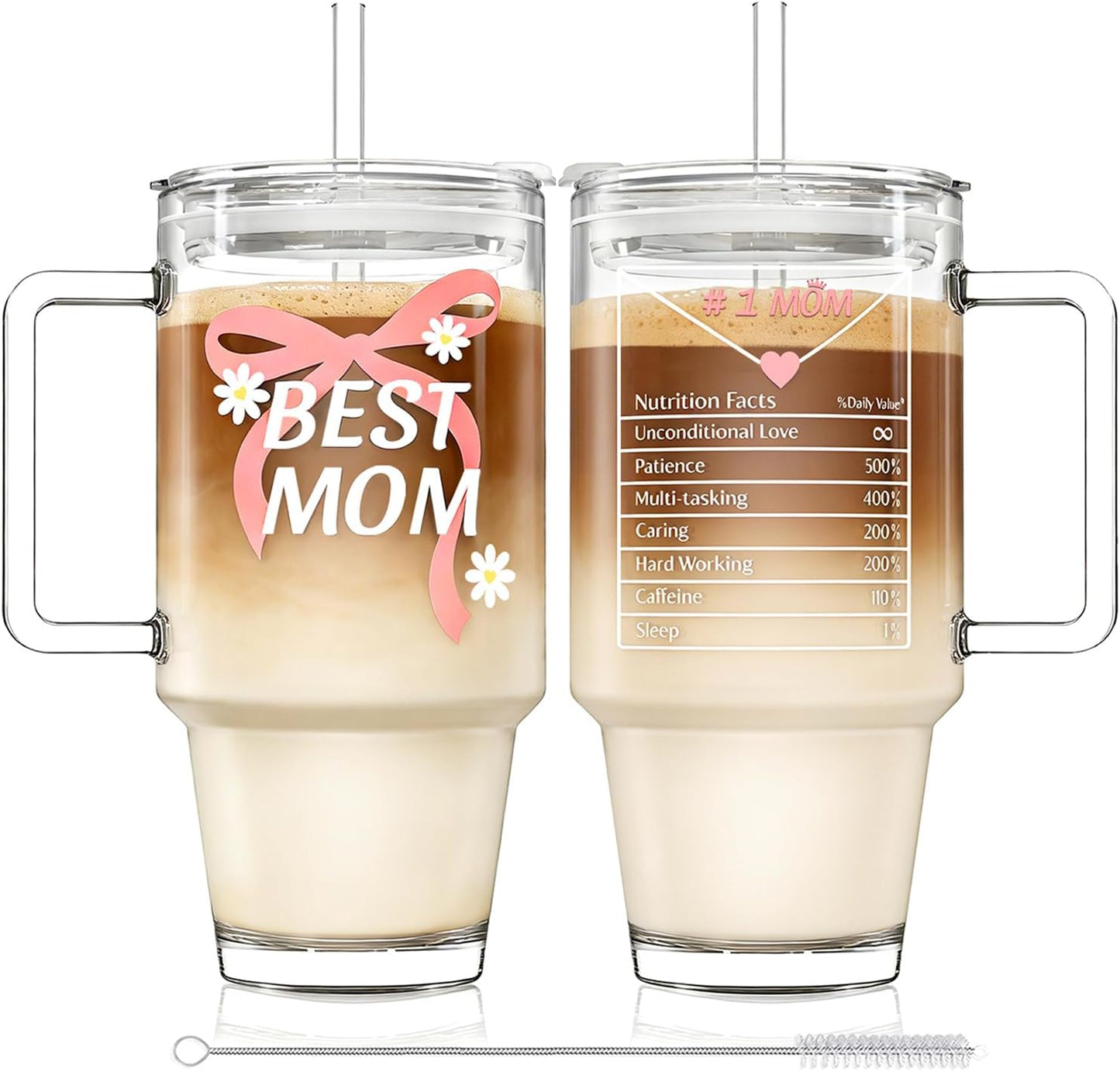 Vasos vidrio acanalado 24oz con tapas pajitas y asa