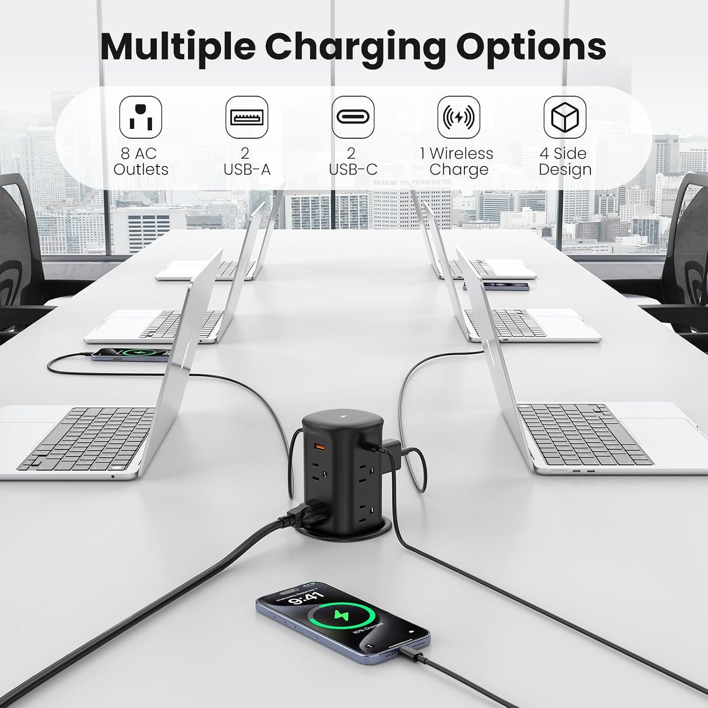 Toma corriente desplegable con cargador inalámbrico 15W 4 USB