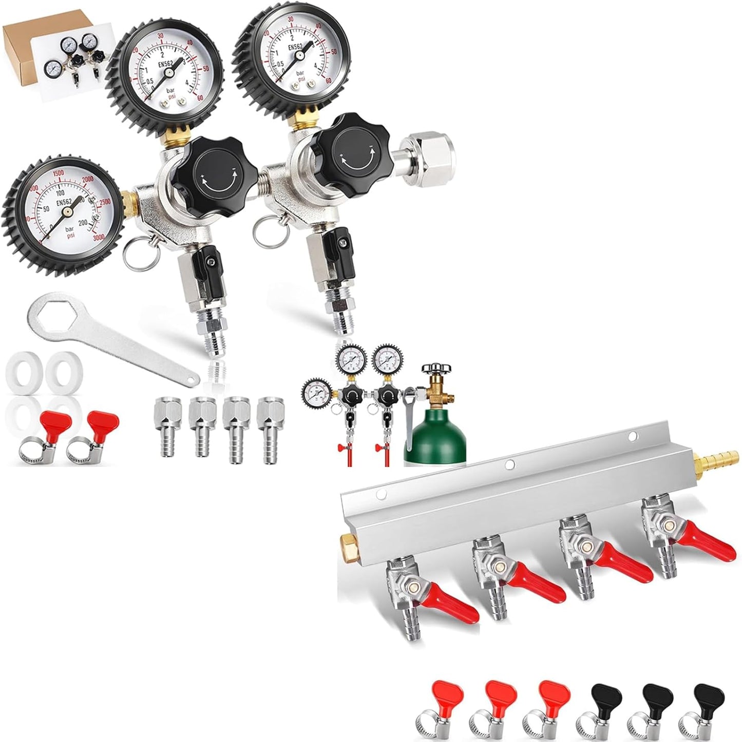 Regulador CO2 dual con llave tanque y colector 4 vías 0-60psi
