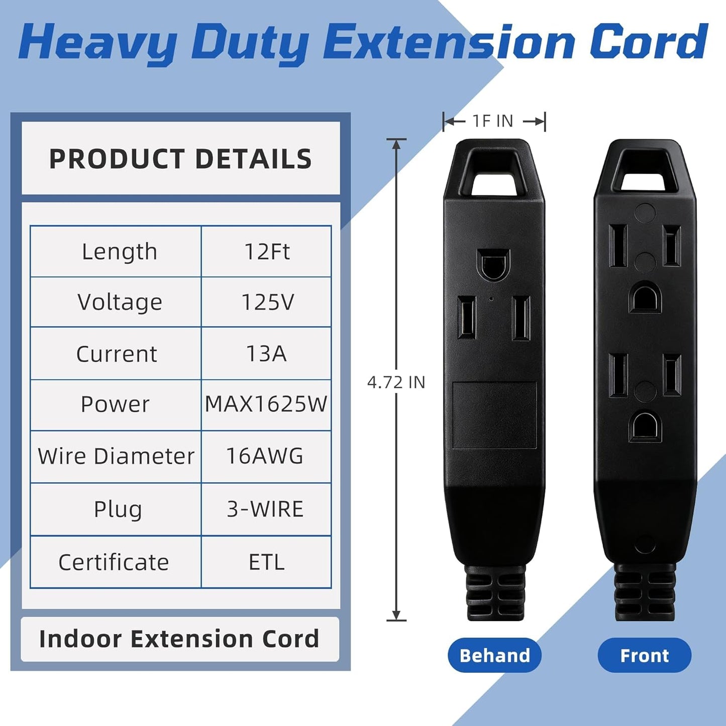Cable extensión 3 tomas 13 pies ETL 16/3 SPT-3 125V negro