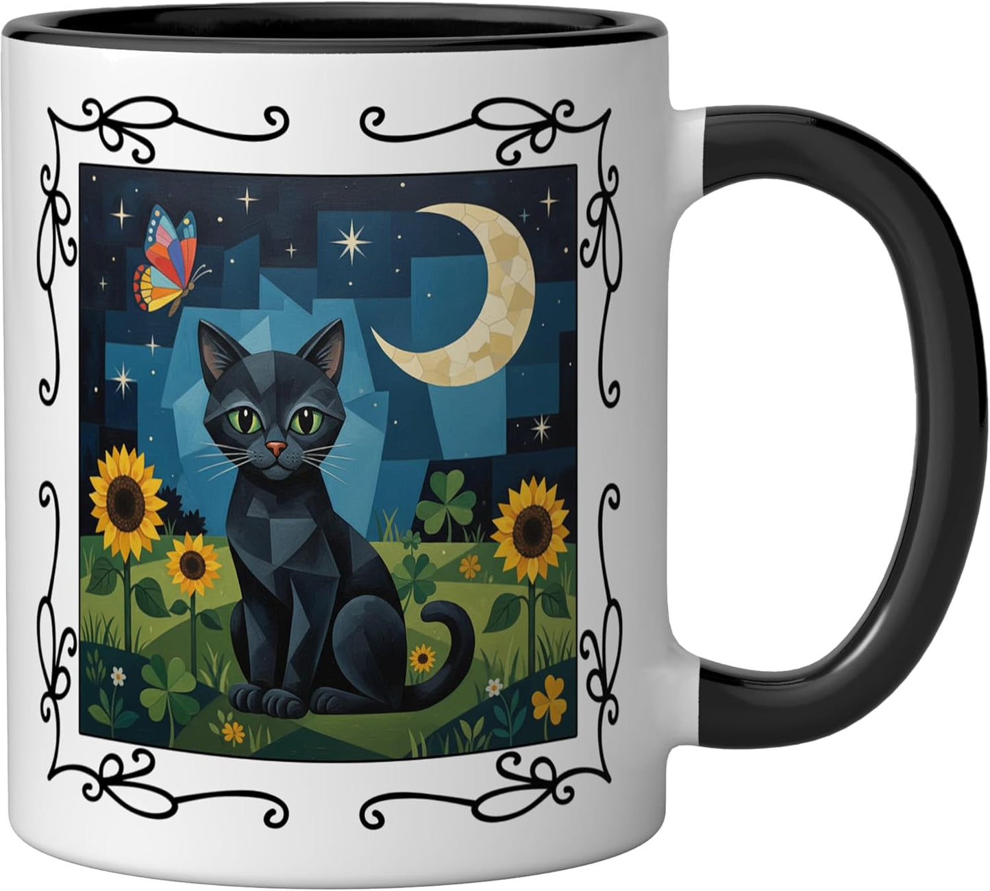Taza cerámica estilo Cubizm con escena girasol Kitty