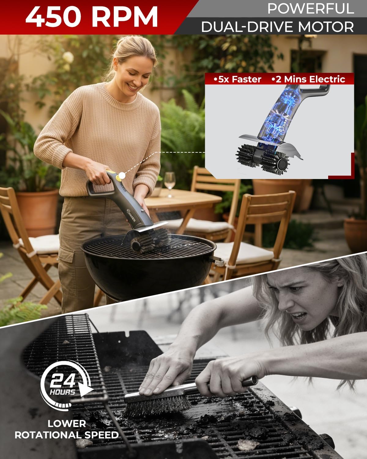 Cepillo eléctrico parrilla 450 RPM luz LED kit 8 pzas