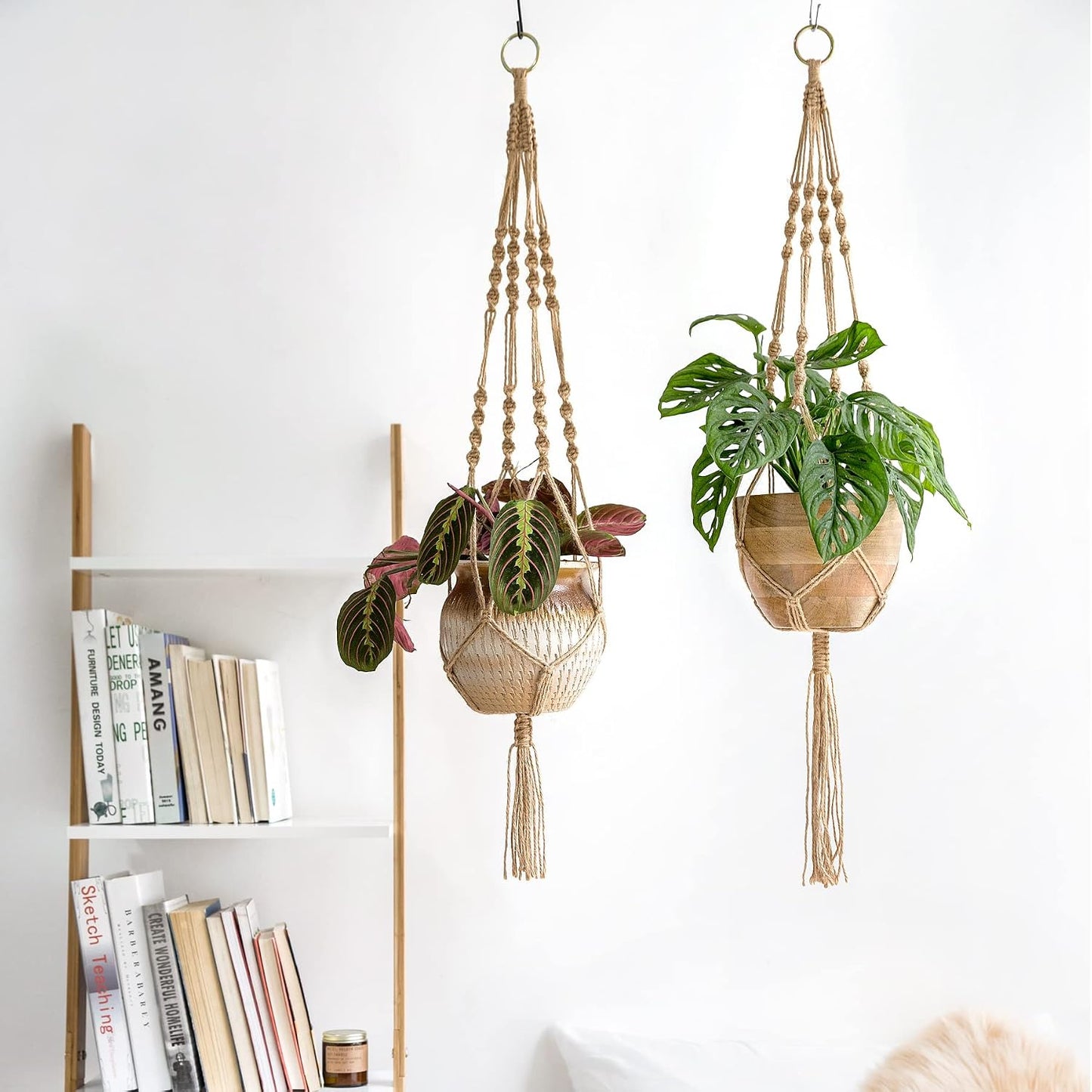 Cesta colgante macramé cuerda yute 4 correas 34pulg Marrón
