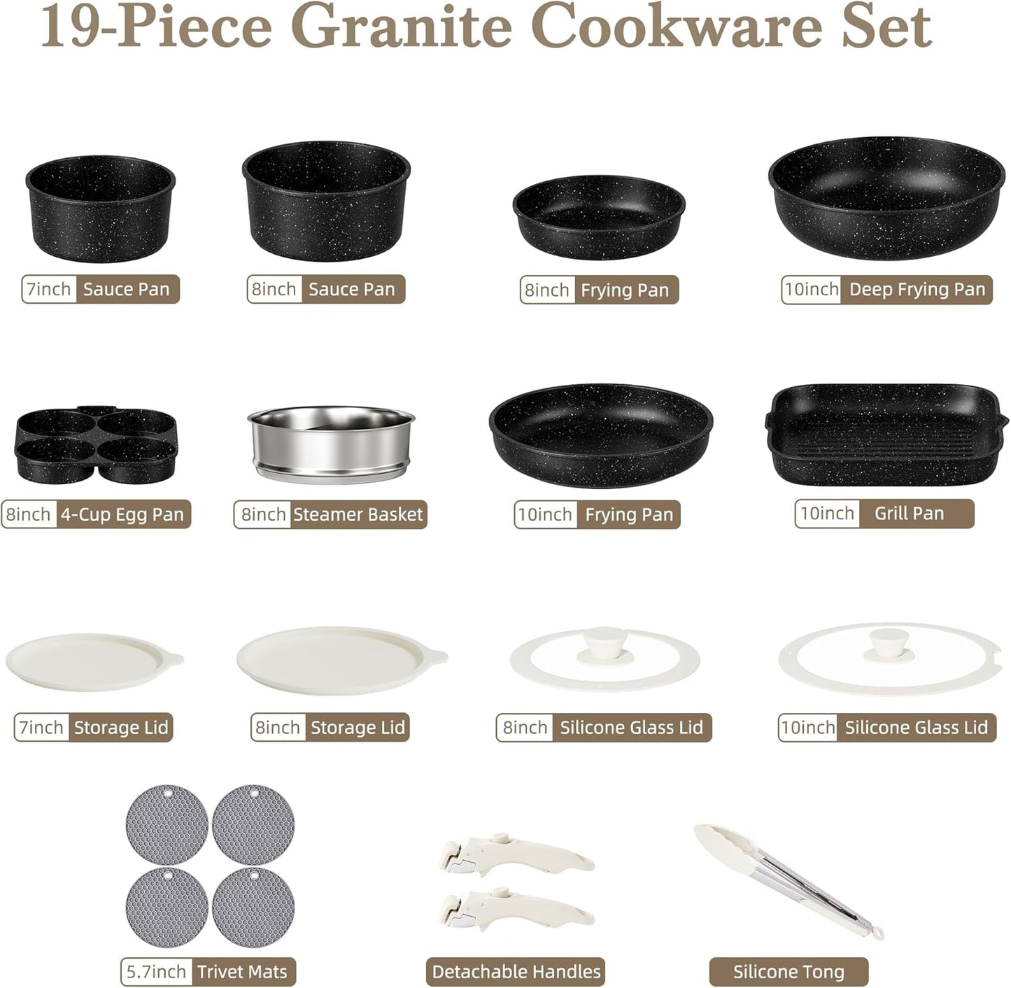 Set 19 Pzas Ollas Sartenes Inducción Mango Extraíble Antiadherente