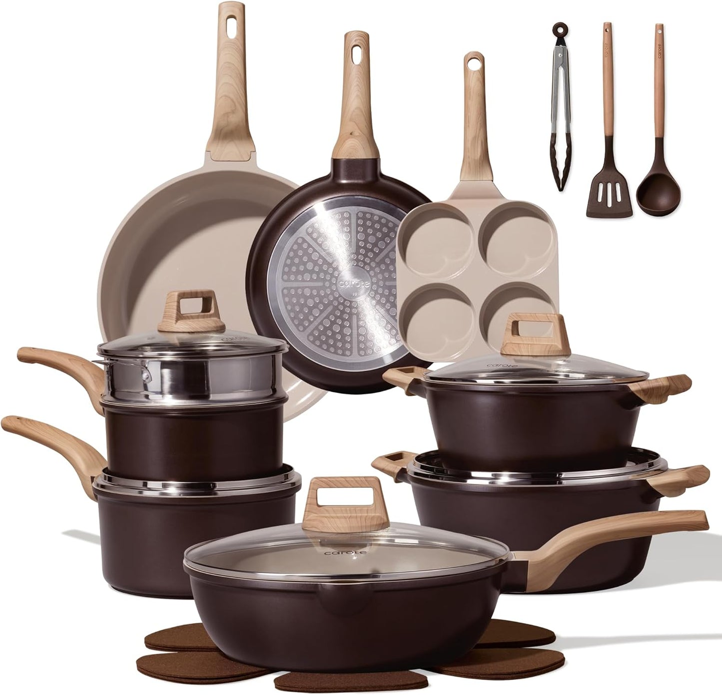 Juego 21 utensilios cerámica antiadherente para inducción marrón