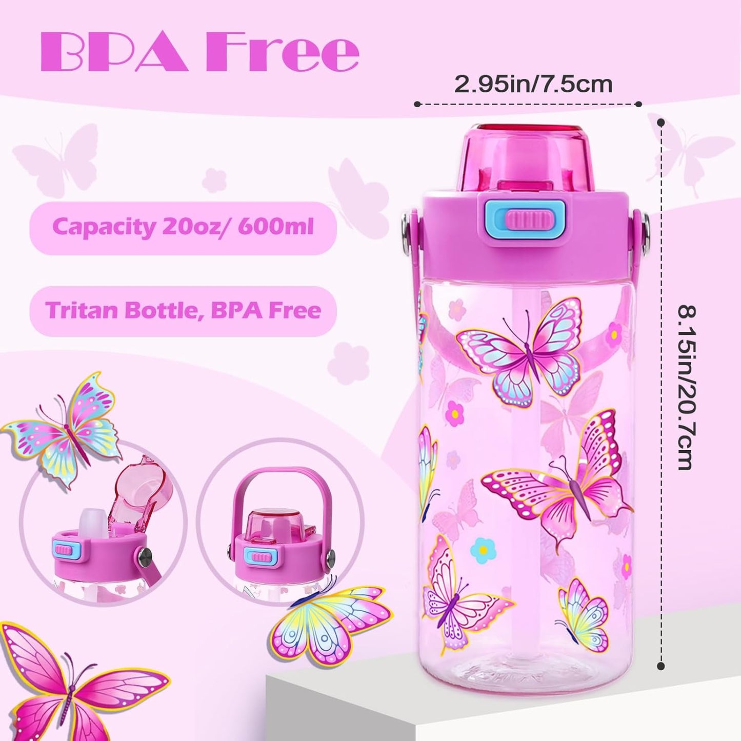 Botella de agua de mariposa sin BPA para niñas 20 oz Tritan a prueba de fugas