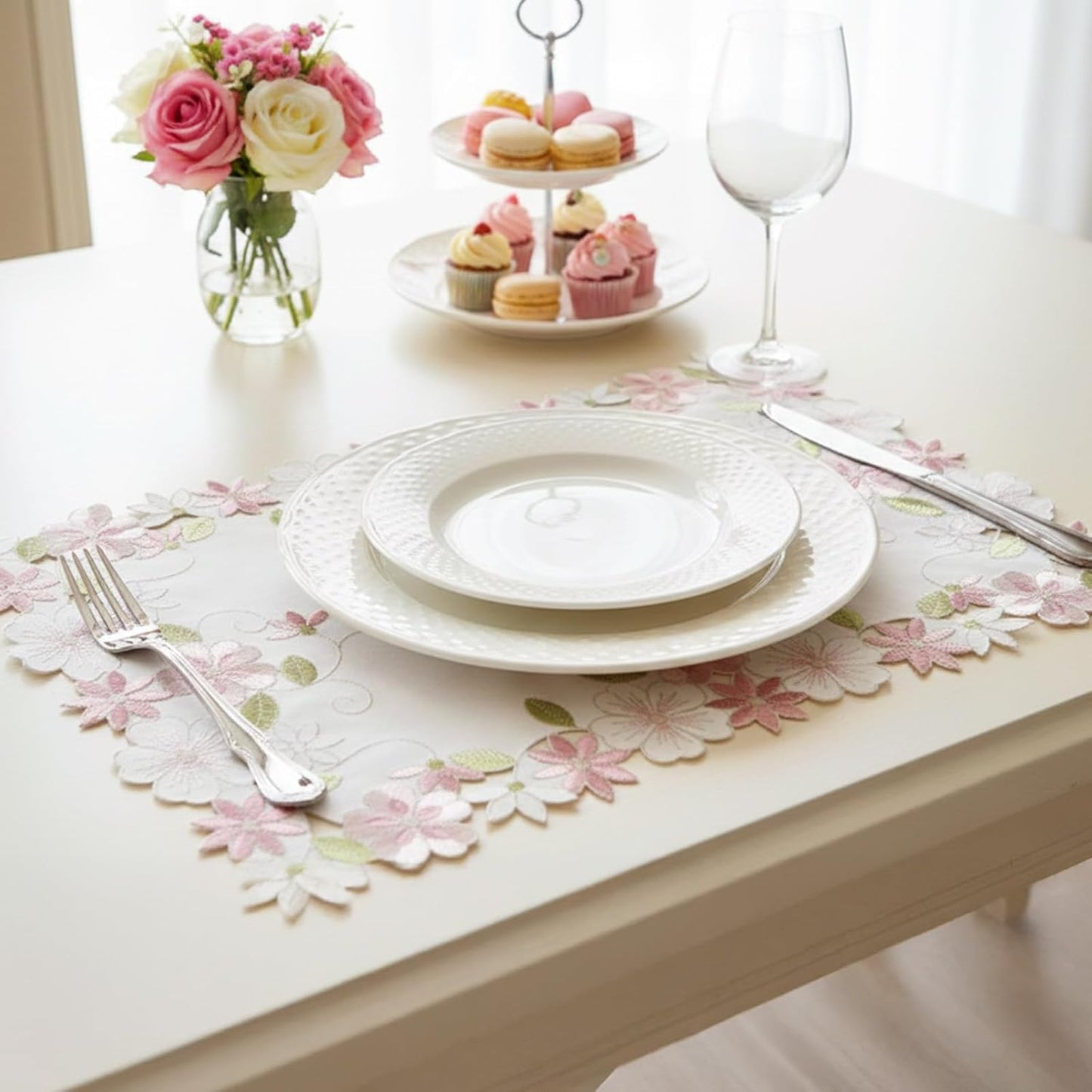 Mantel individual de flores rosa bordado rectangular para boda y fiestas