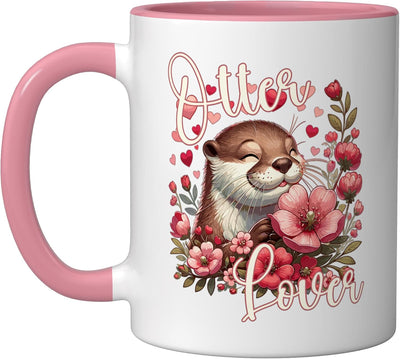 Taza de cerámica de nutria con flores rosas y blancas