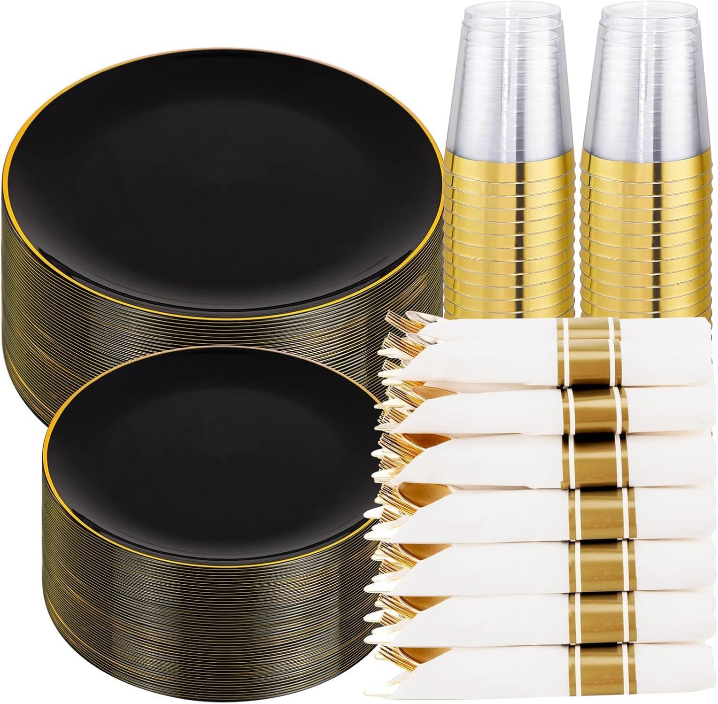 Set 350 Pzas Platos Plástico Negro Oro para 50 Invitados