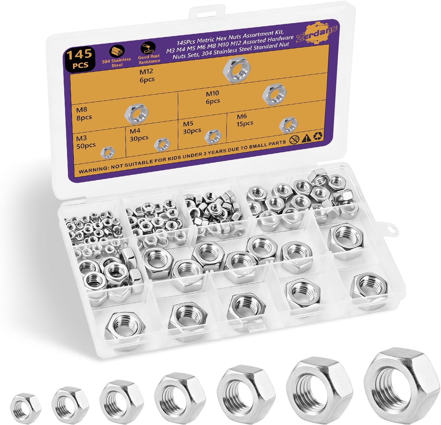 Kit 145 Tuercas Hexa Acero Inox M3-M12 Marinas
