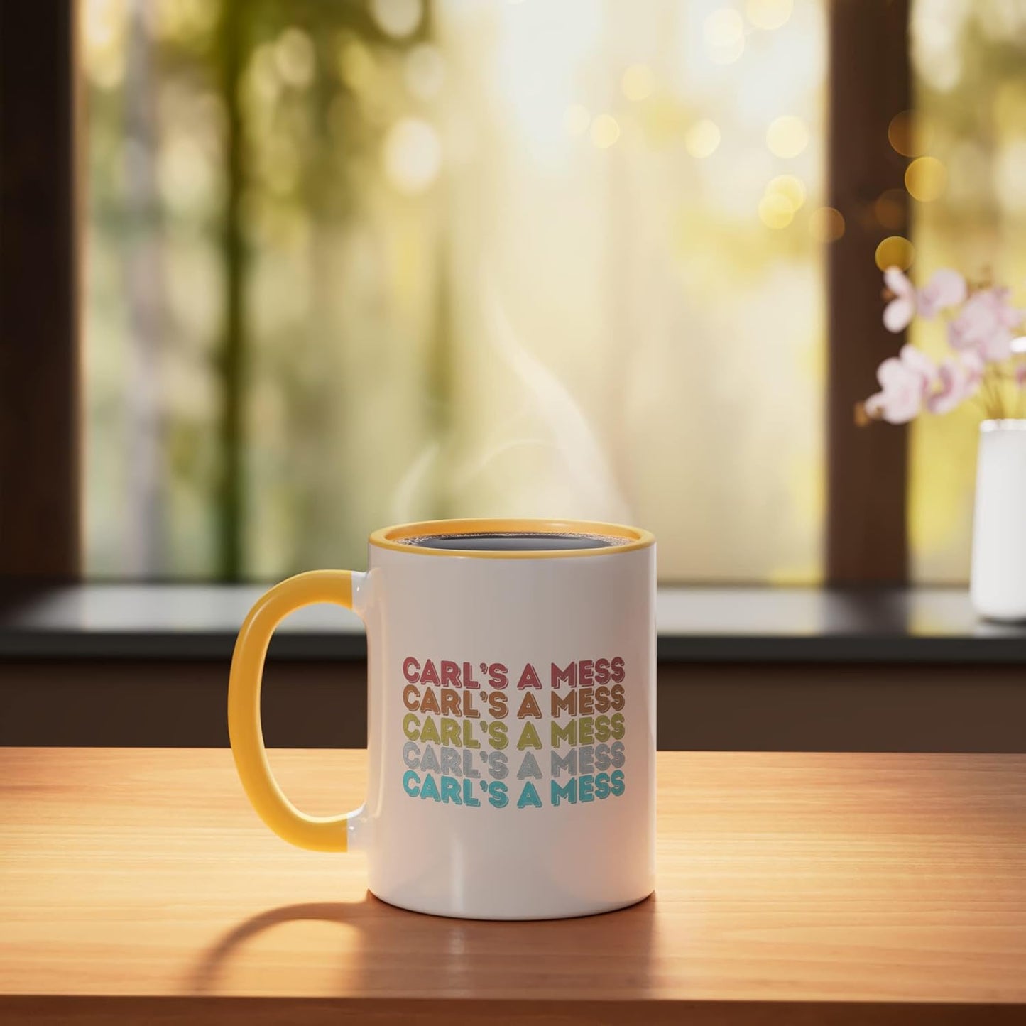 Taza cerámica vintage Carl's A Mess amarillo/blanco