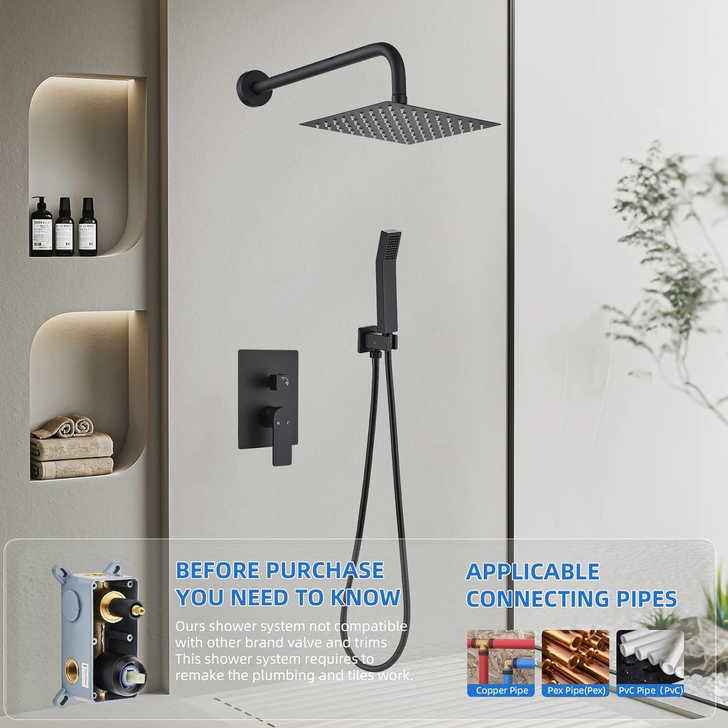 Juego grifo ducha negro mate interruptor desviador 8pulg
