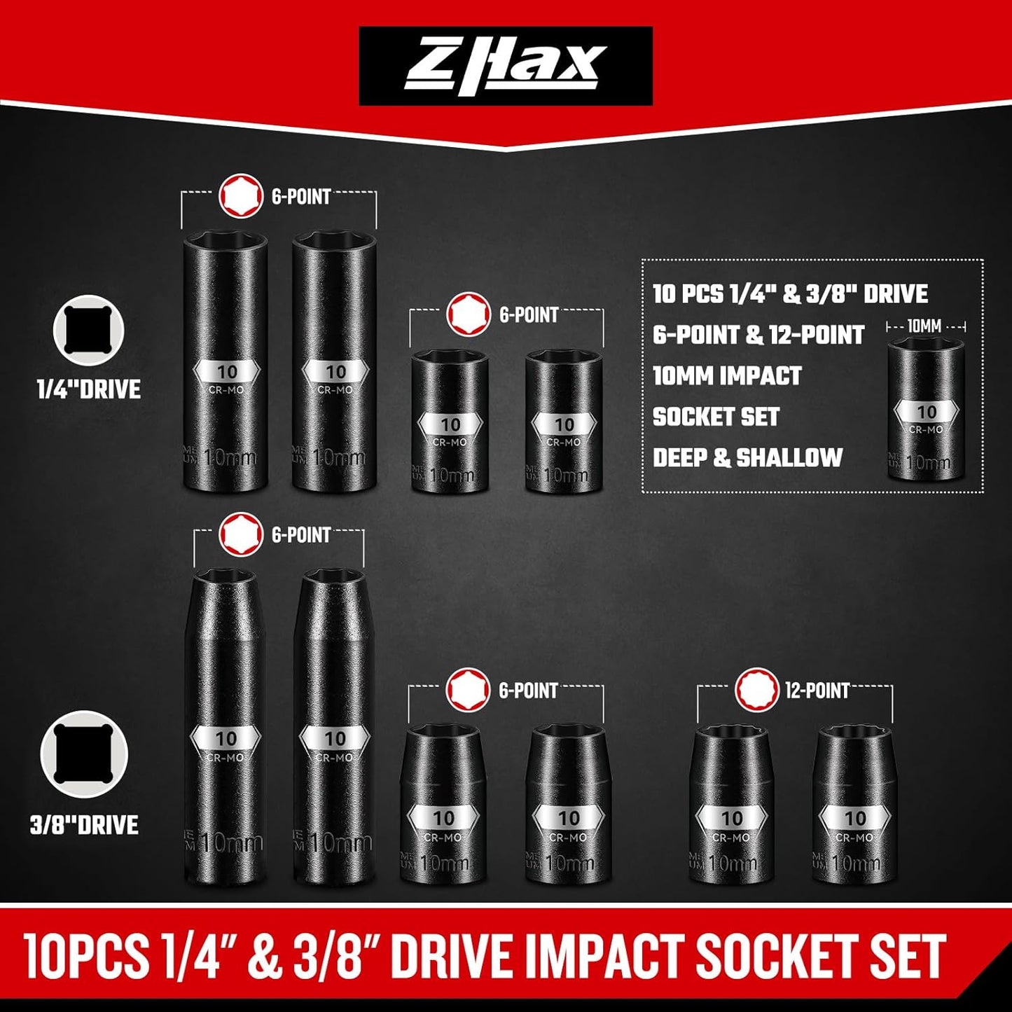 Juego dados impacto 0.394pulg 10uds 1/4-3/8 pulg acero CR-MO