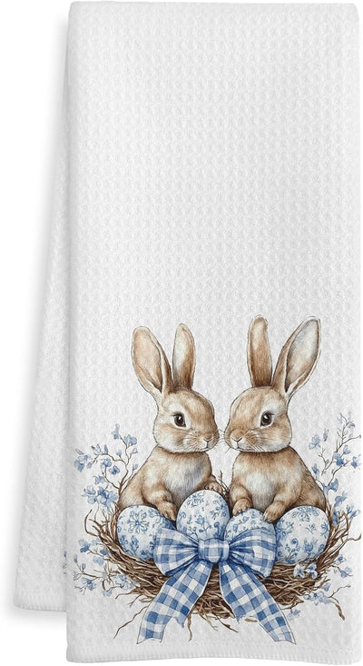 Toalla de cocina con diseño de conejo de Pascua azul y blanca 16 x 24