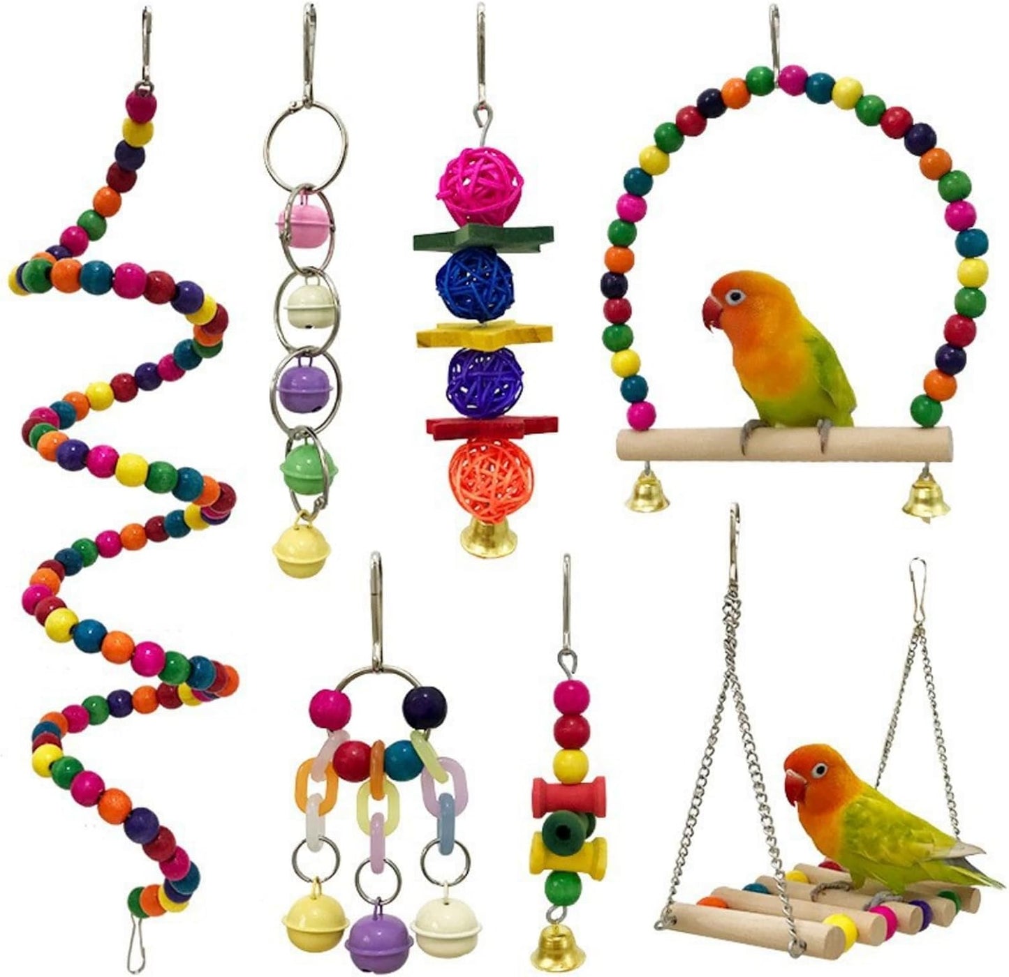 7 Juguetes Madera Pájaros Periquitos Coloridos Con Perchas