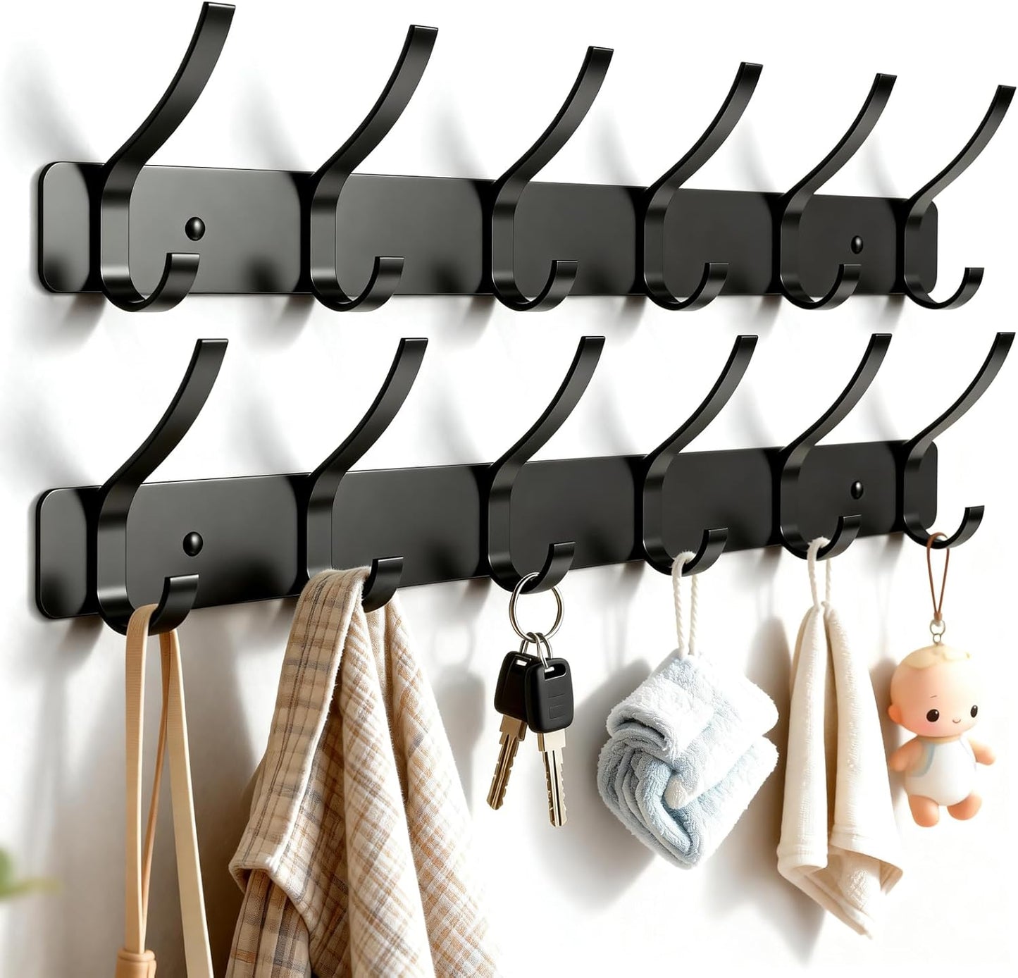 Pack 2 Percheros Pared con 6 Ganchos Aluminio Negro