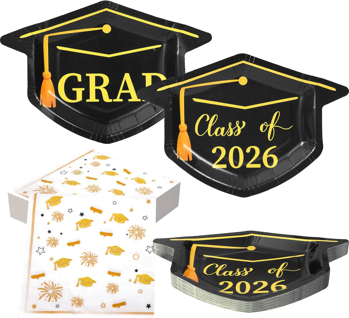 Juego de 100 platos y servilletas de graduacion clase 2026 con 50 platos de papel mortero y servilletas negras y doradas