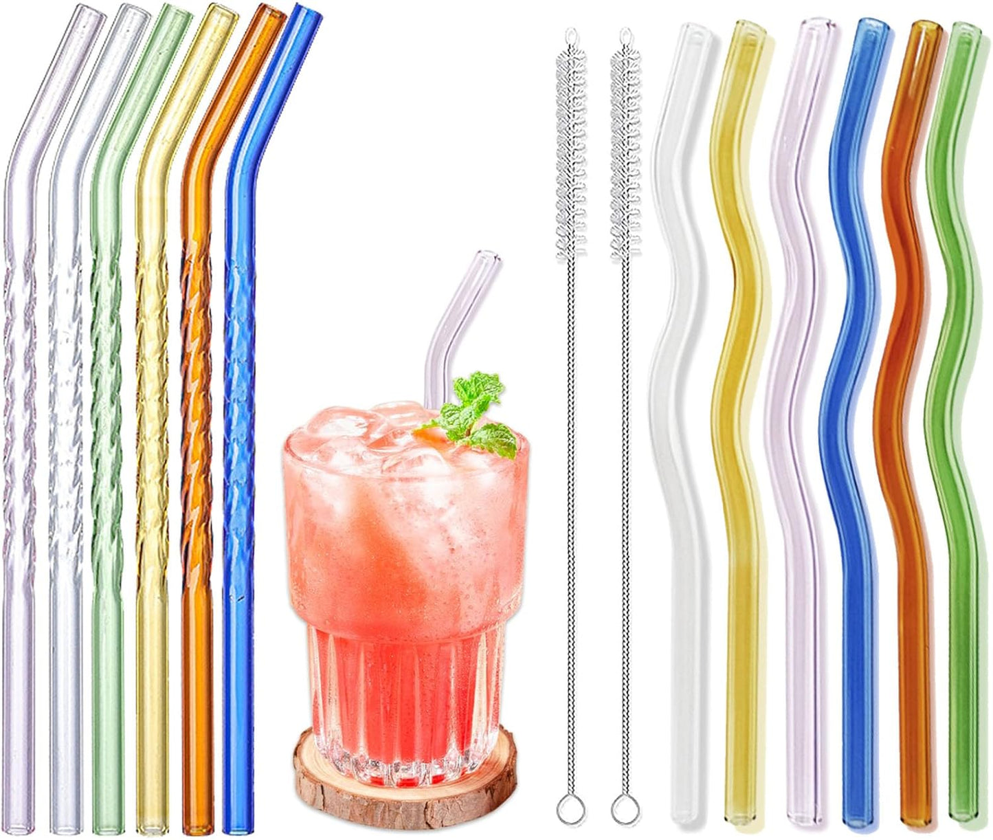 12 Pzas Pajitas Vidrio Reutilizables con Cepillos 7.9x0.32pulg