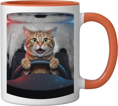 Taza Cerámica Gato Coche Meme Amante Gatos Naranja/Blanco