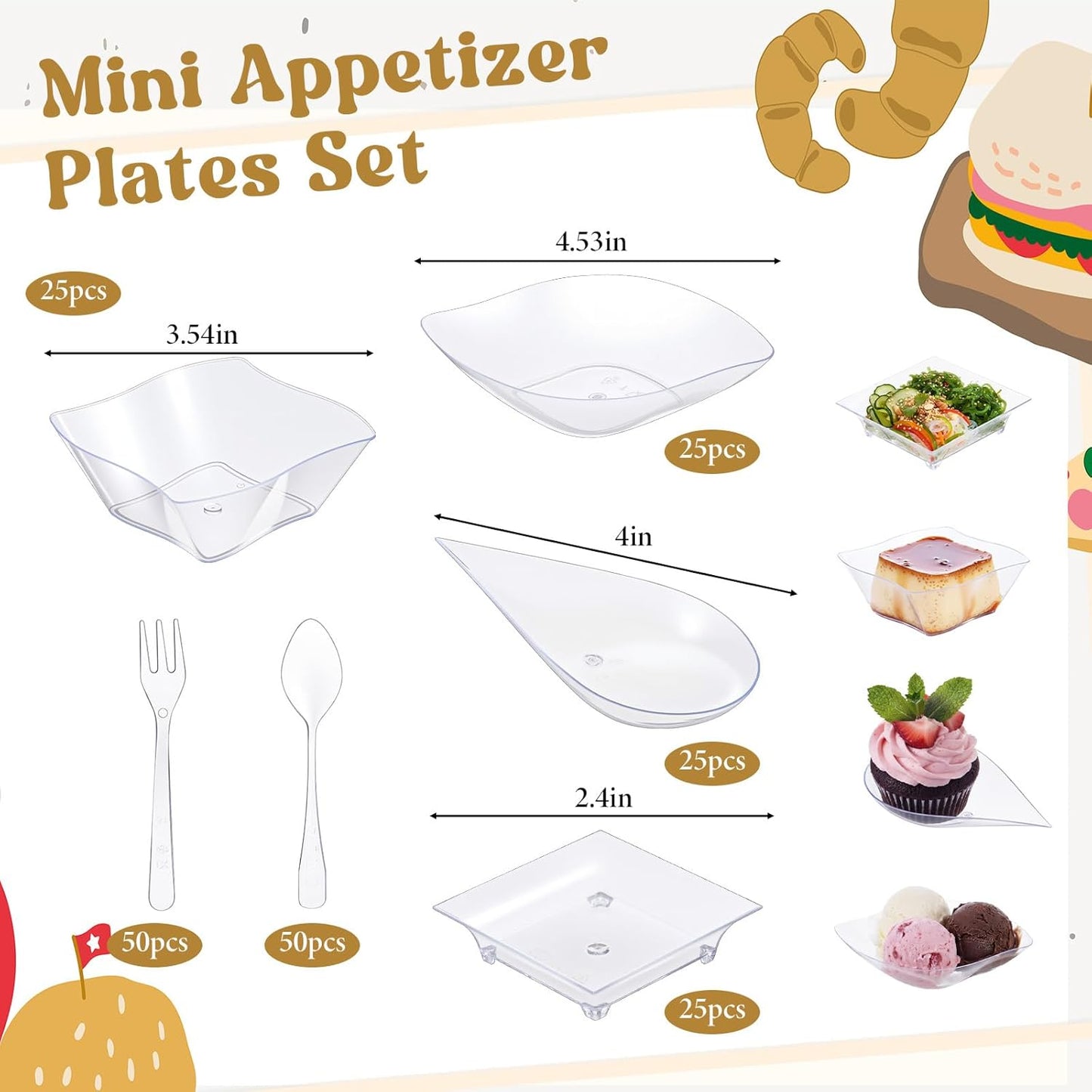 Juego 200 mini platos aperitivo con cucharas tenedores taza postre cuencos plástico transparente bandejas fiesta