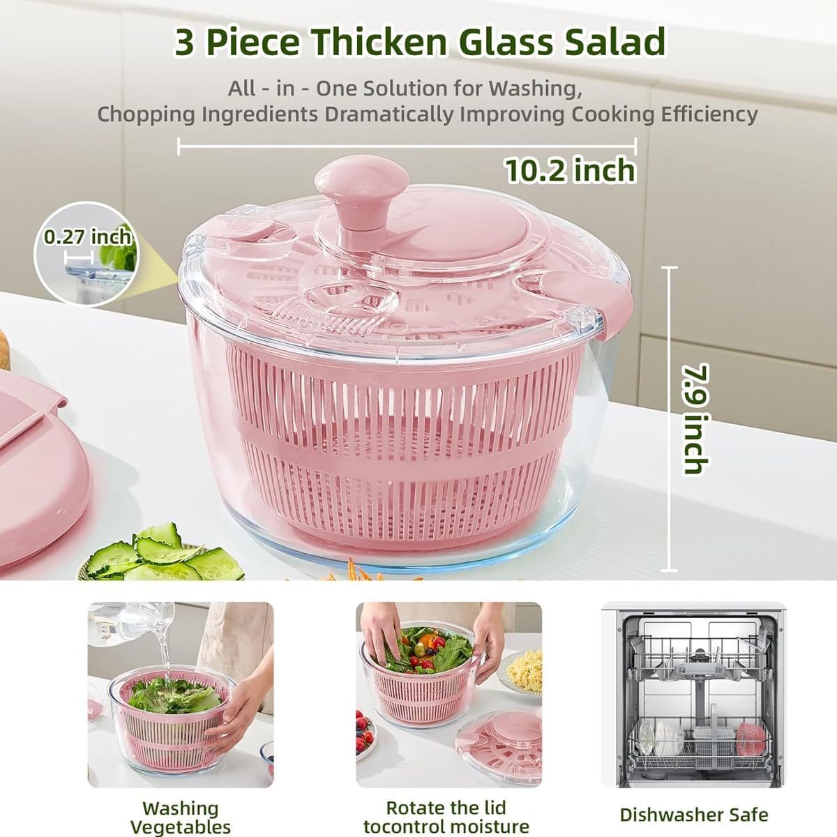 Secador verduras vidrio 5.2qt drenaje tapa transparente