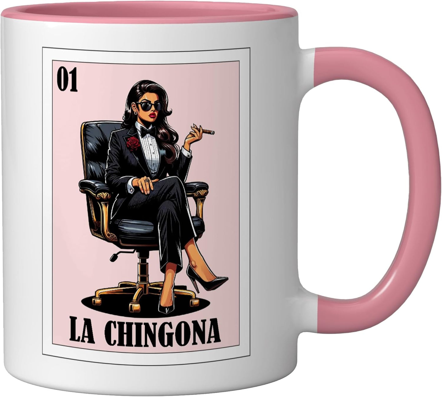 Taza de cerámica La Chingona diseño mexicano rosa/blanco
