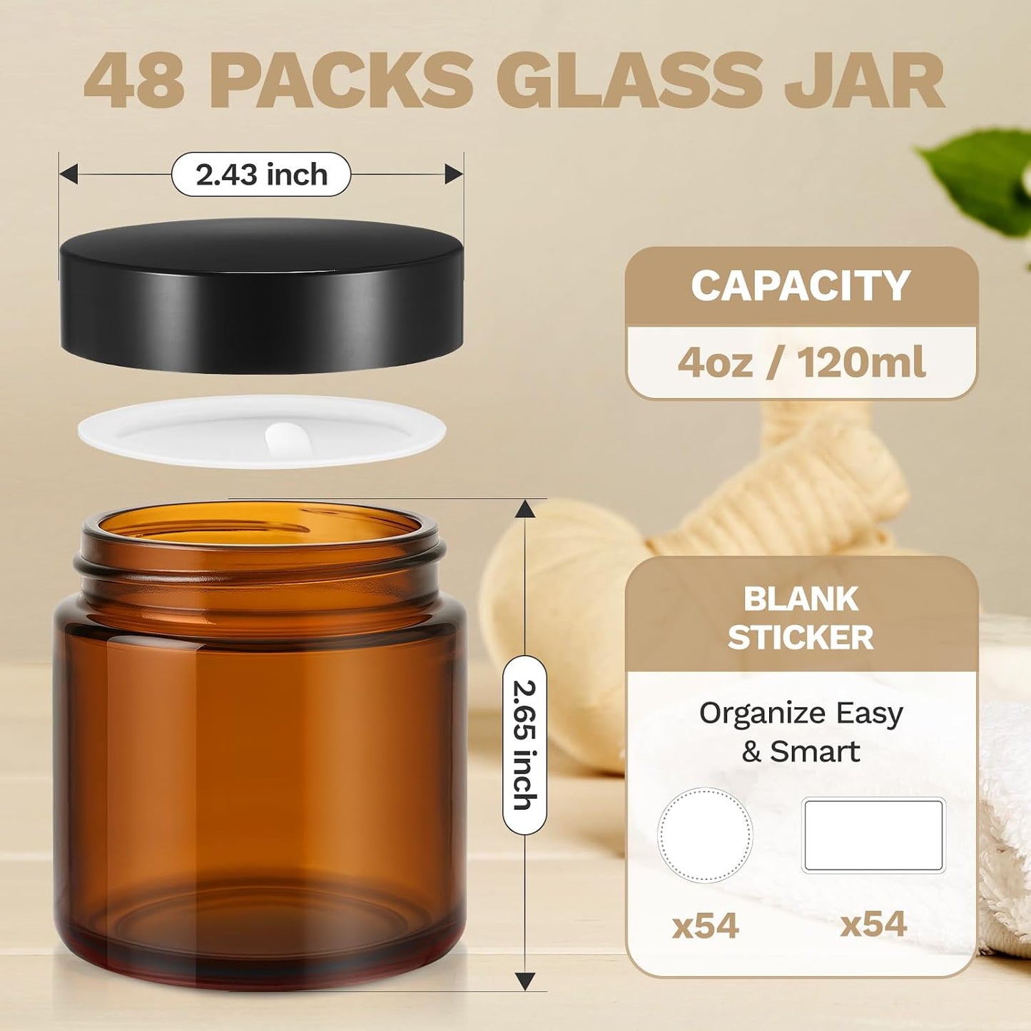48 Tarros Vidrio 4oz con Tapas Recargables Redondos