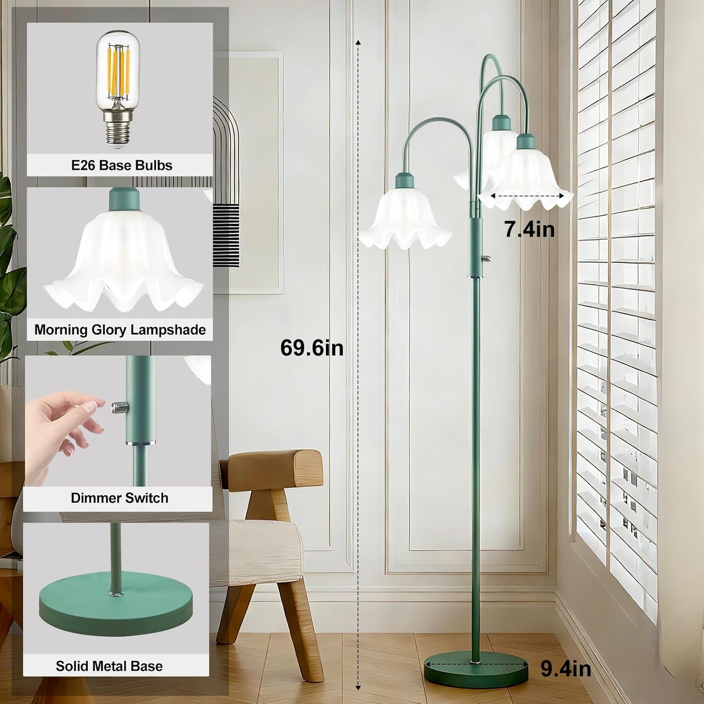 Lámpara pie flores regulable sala dormitorio moderna verde gris