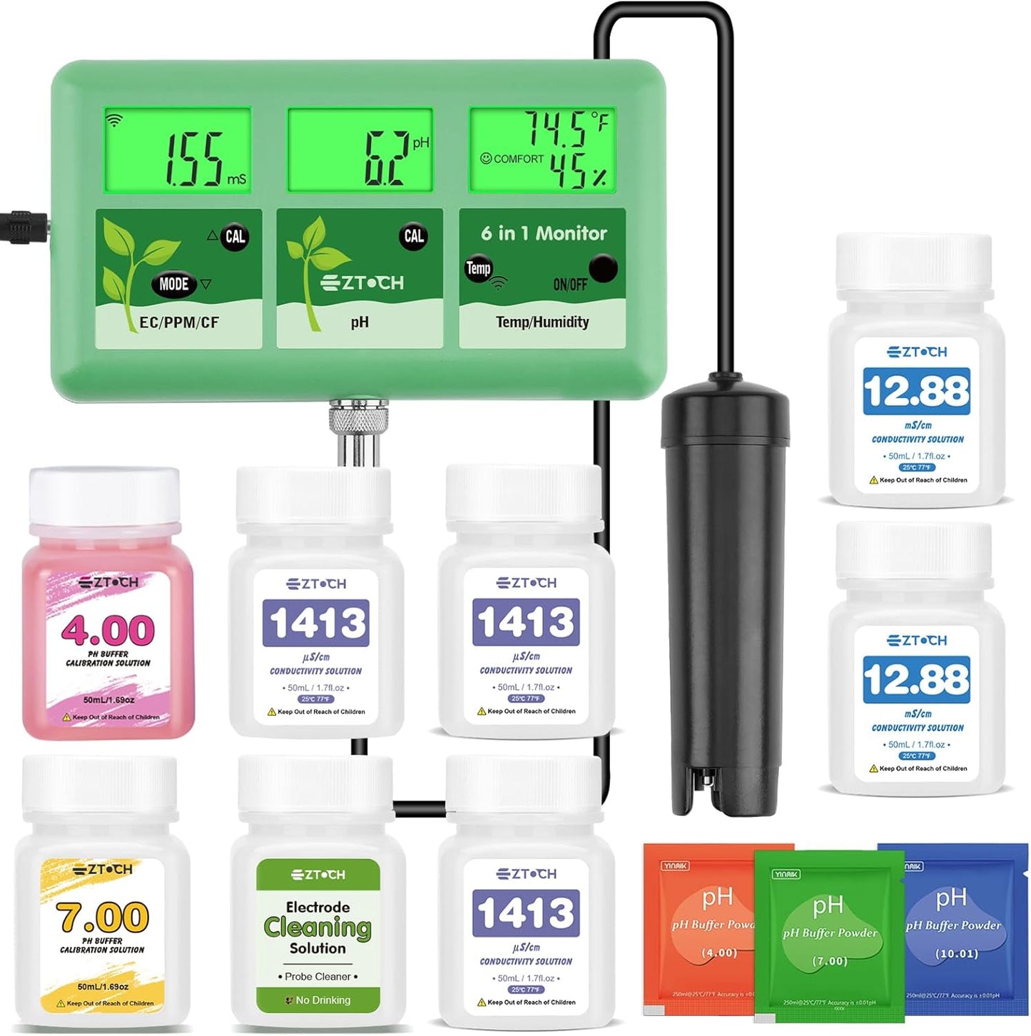 Monitor pH EC TDS 6en1 con soluciones hidropónica