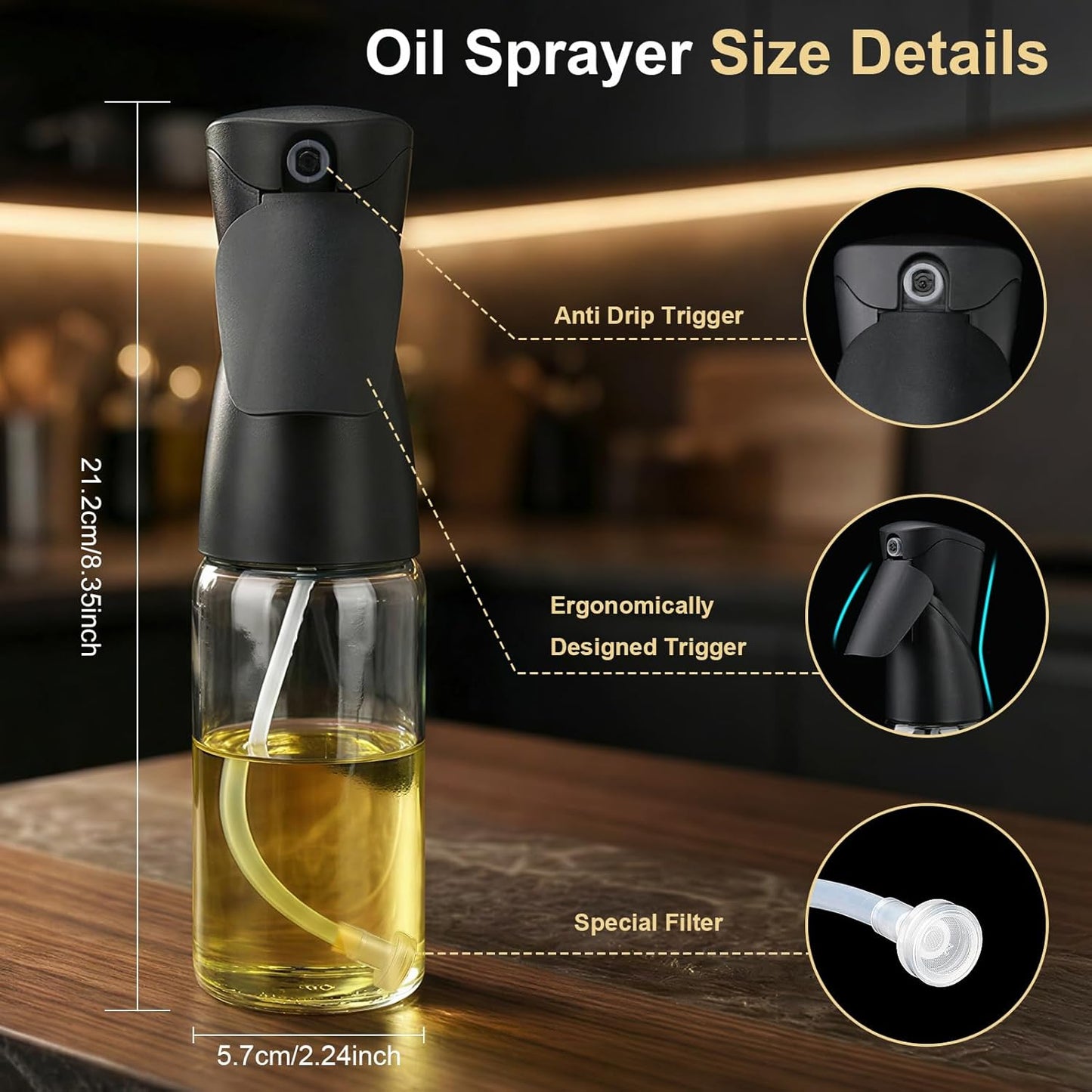 Pulverizador de aceite de vidrio para cocinar, niebla de oliva recargable negro