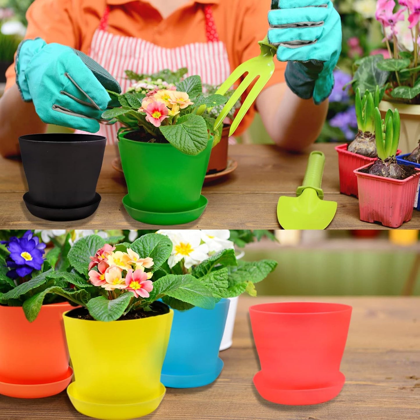 10 Macetas Plástico Coloridas con Bandejas Goteo