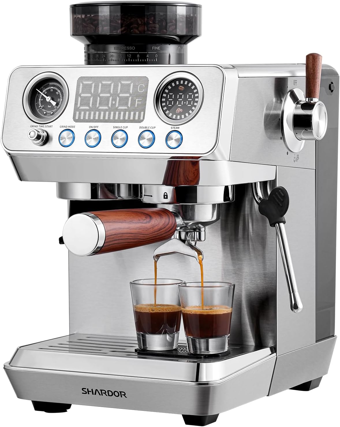 Cafetera Espresso 20 Bar Acero Inox con Molinillo y Cúpula