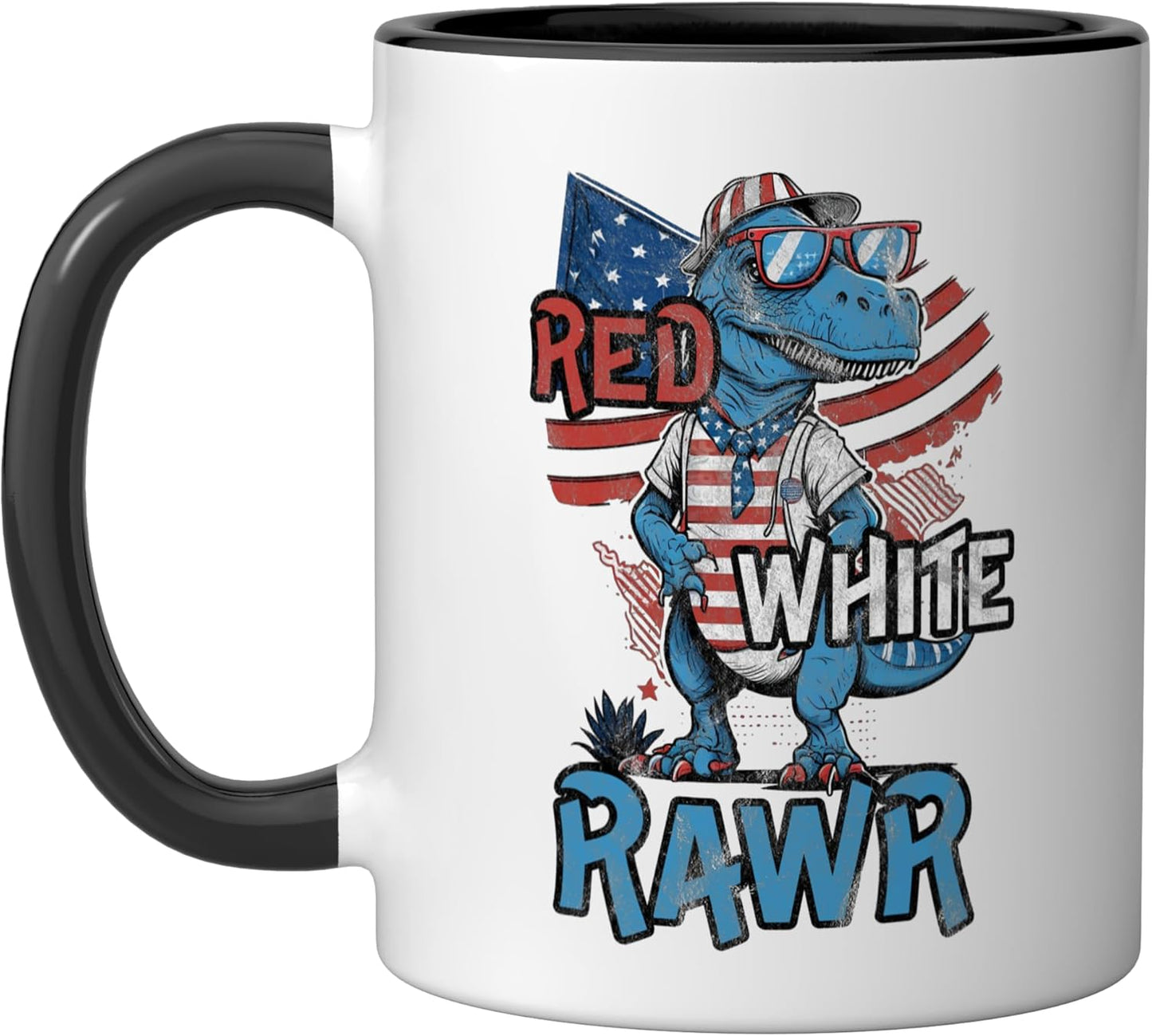 Taza Cerámica Dinosaurio Bandera Americana Negro Blanco
