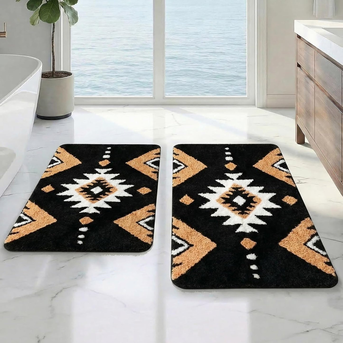 2 Alfombras Baño Microfibra Estilo Azteca Antiderrap 16pulg