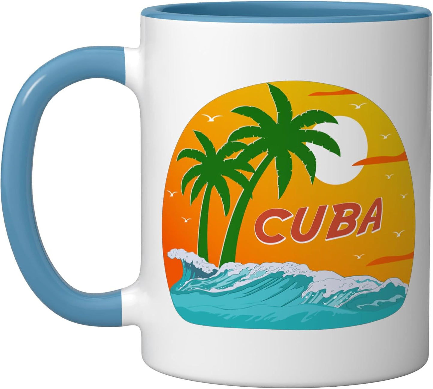 Taza Cerámica Playa Caribe Palmas Azul Blanco