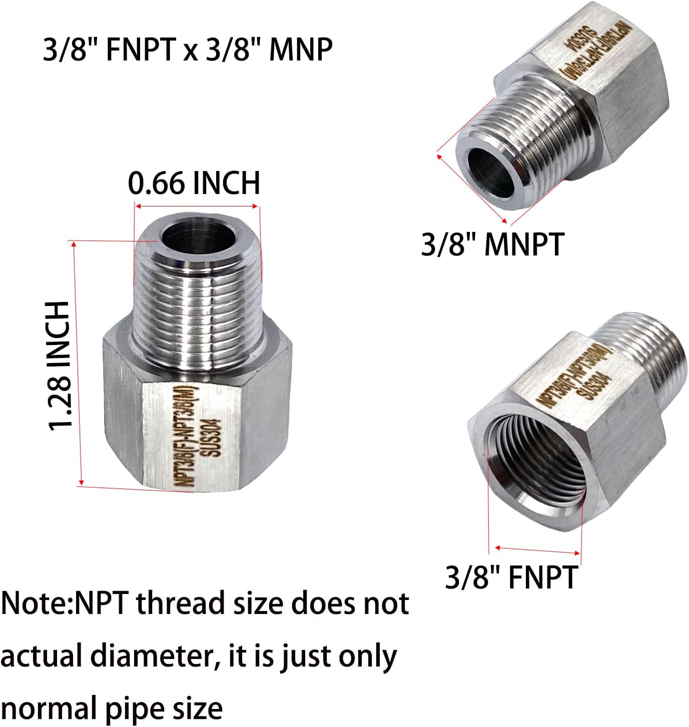 4 Adaptadores MNPT 3/8pulg Acero Inox Tubos Agua Aire