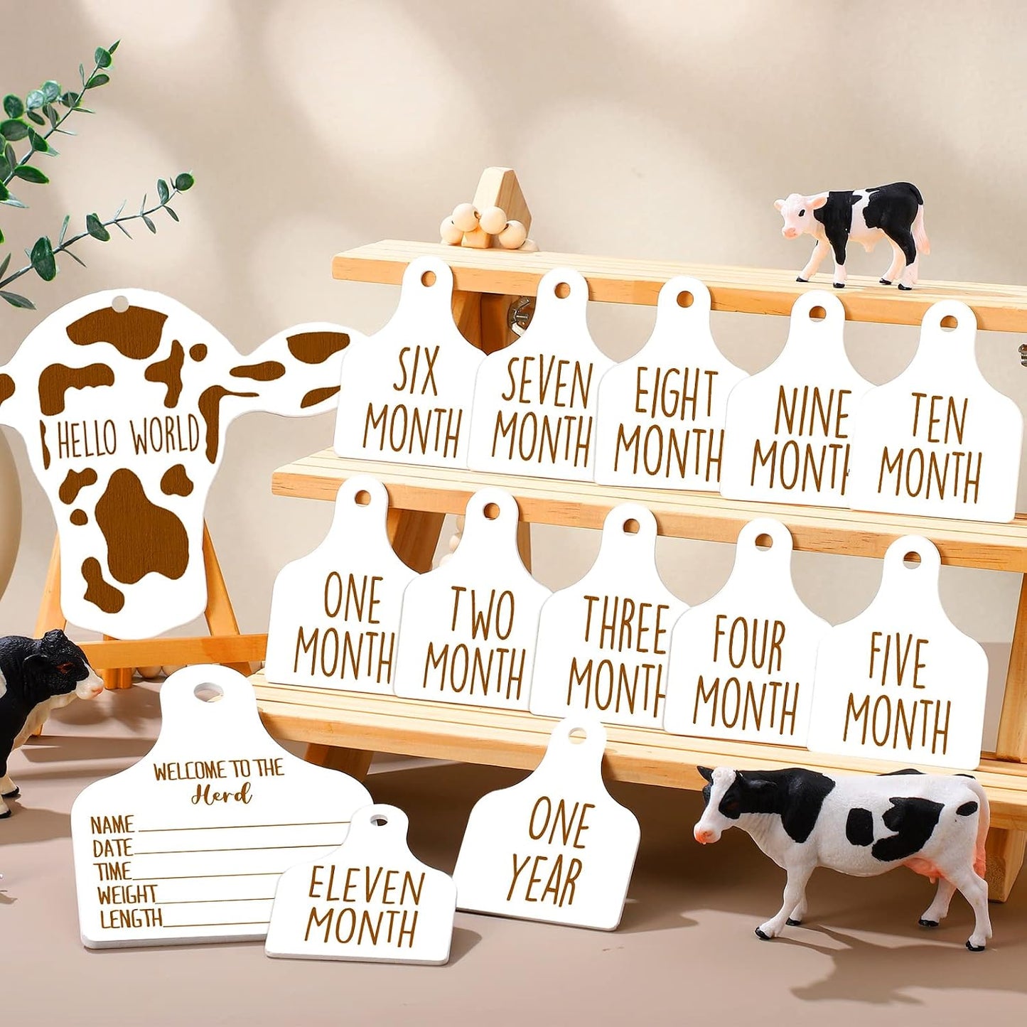 14 Tarjetas Hitos Vaca Bebé Adorno Madera Blanco