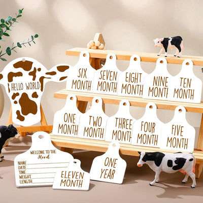 14 Tarjetas Hitos Vaca Bebé Adorno Madera Blanco