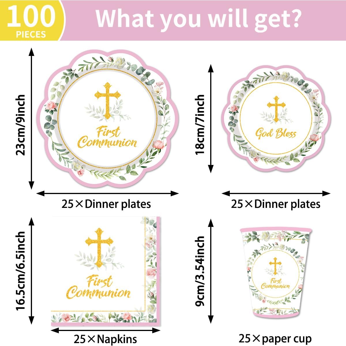 Vajilla de papel para comunión rosa salvia con platos servilletas y tazas