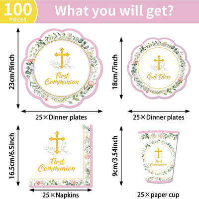 Vajilla de papel para comunión rosa salvia con platos servilletas y tazas