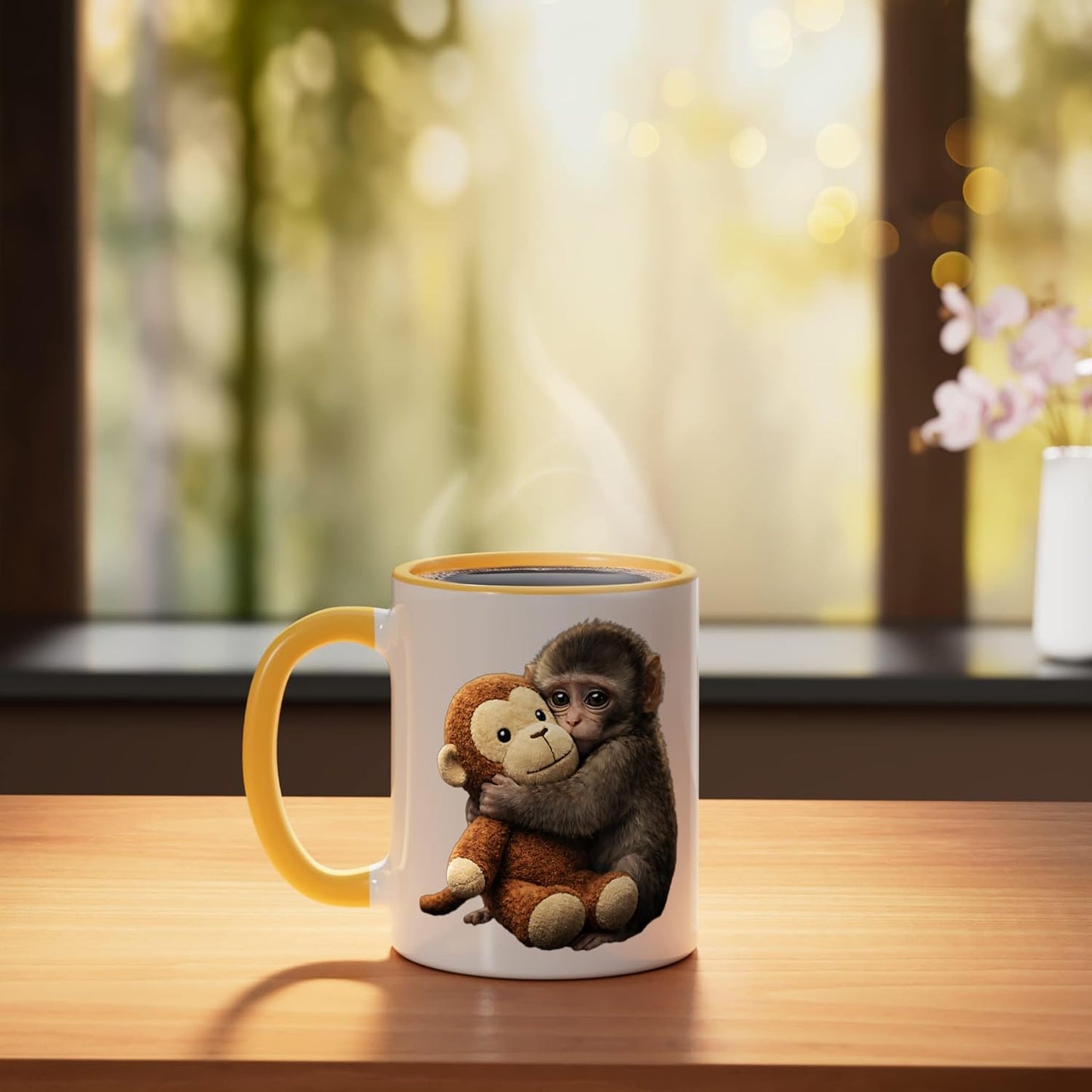 Taza de cerámica Baby Monkey Punch amarilla y blanca