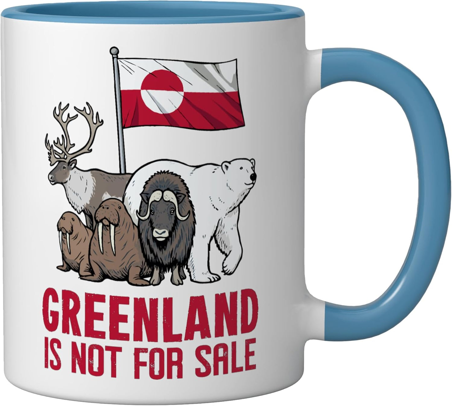 Taza cerámica Greenland con bandera y animales azul/blanco