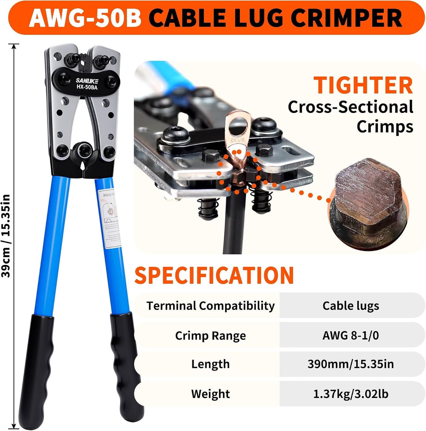 Kit crimpador batería AWG 8-1/0 con 12 terminales cobre