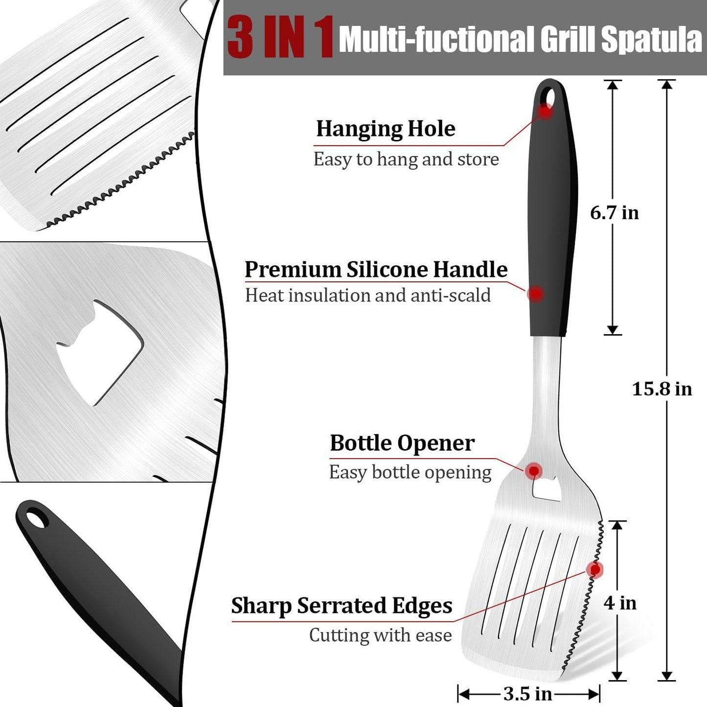 Espátula parrilla acero inox mango silicona resistente
