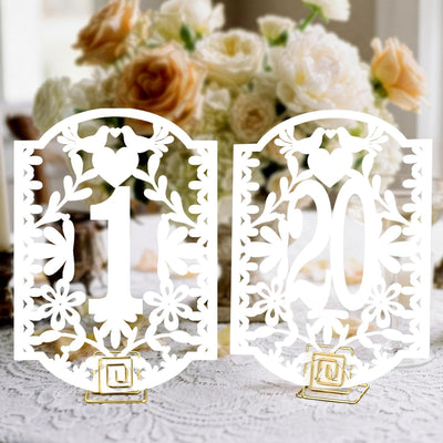 Juegos de tarjetas temáticas Cielito Lindo números mesa 1 al 20 con soportes dorados para boda mexicana