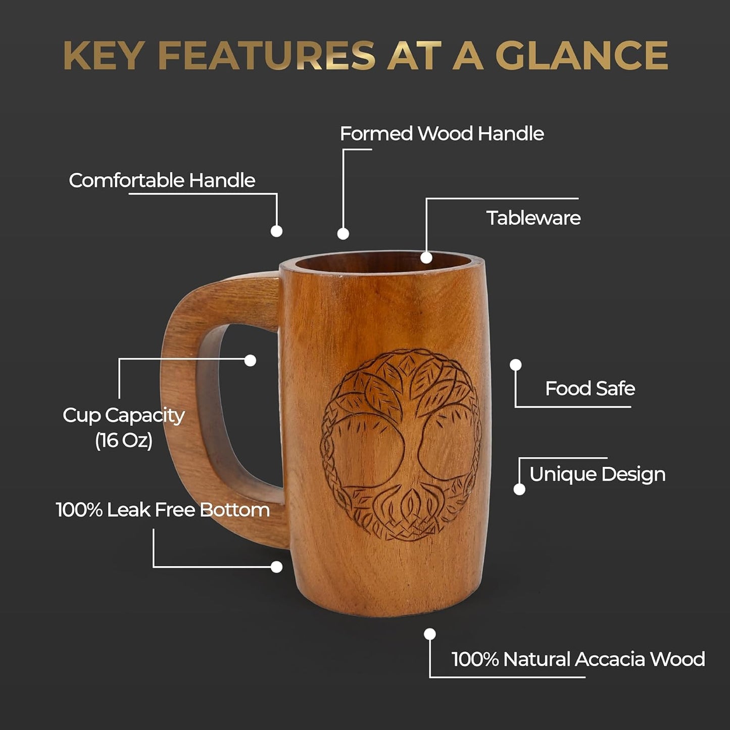 Juego Vasos Madera Acacia Cuerno 16-20oz Con Accesorios