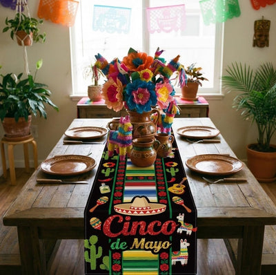 Camino de mesa Cinco de Mayo sombrero cactus color negro decoracion fiesta