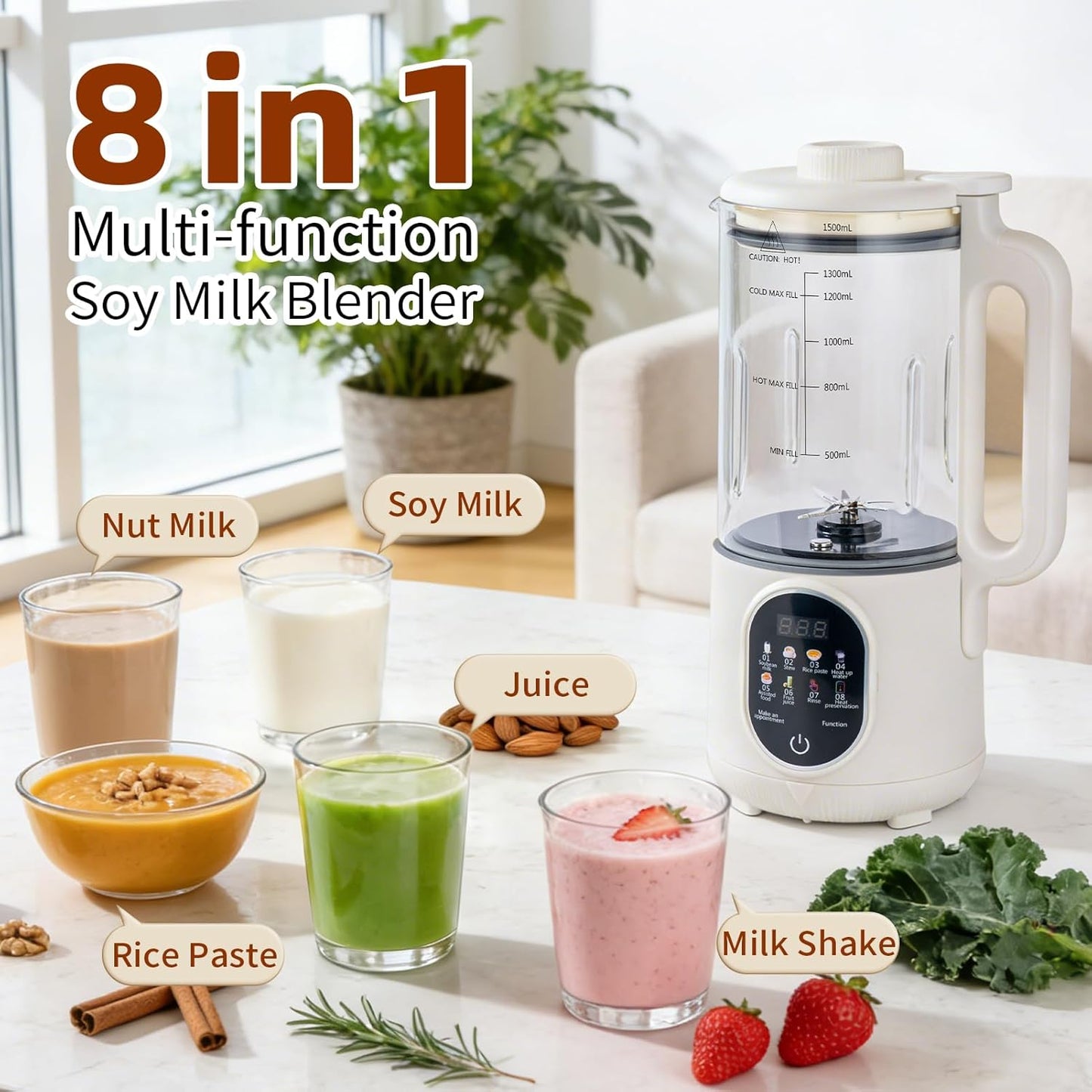 Máquina 8en1 para leche vegetal 35oz campana silenciosa